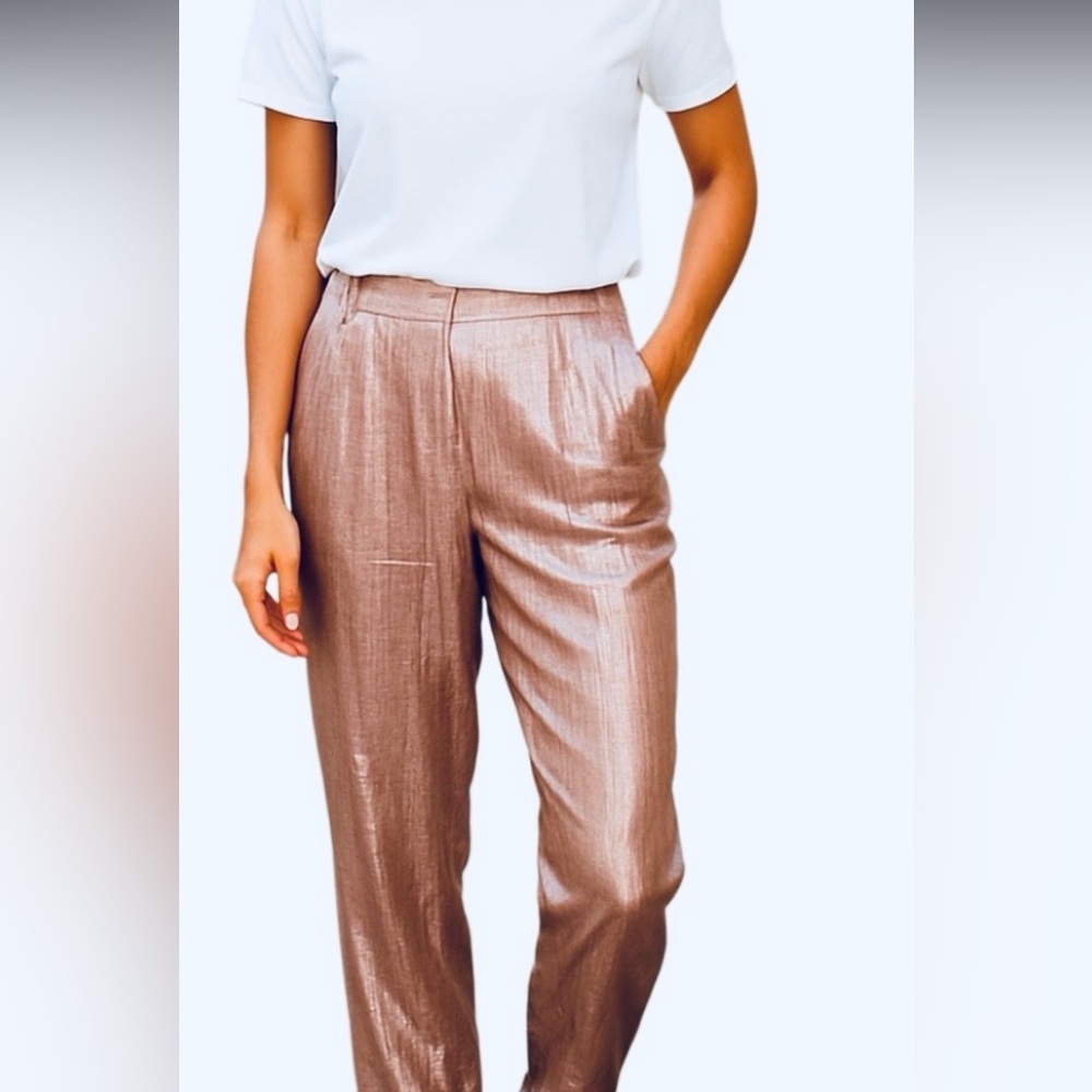 Shimmery Petal Rose Silk 66% Metallic 34% Pleated Trouser Pants Avant Garde Chic